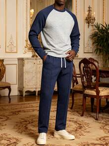 Set Sweatshirt dan Celana Jacquard Leher Bulat untuk Pria Musim Gugur/Dingin - Biru - View 2