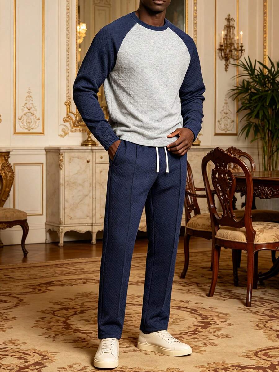 Men's Autumn/Winter Jacquard Crew Neck Sweatshirt & Pants Set - Blue - View 1