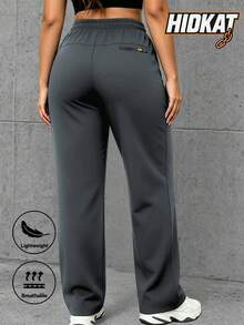 Hidkat Women's Spring Summer Autumn Minimalist Solid Color Casual Straight Leg Pants, Lightweight Breathable Fabric, Multiple Zipper Pockets, Drawstring Waist, Suitable For Outdoor, Casual, Sports, Running - Grey - View 2