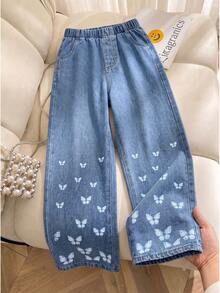 Jeans rectos de pierna media azul de estilo soñador con mariposas para niñas preadolescentes - Azul lavado medio - Ver 7
