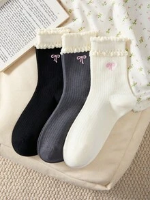 3雙女款中筒襪，蝴蝶結與愛心圖案，復古風荷葉邊襪子，適合四季穿著，秋冬必備 - 彩色 - 查看 4