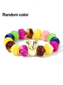 1pc Women's Rainbow Letter Beaded Bracelet, Colorful Resin Large Bead Elastic Bangle, A-Z English Letter Personalized Design, Stackable Fashion Accessory, Suitable For Daily Wear And Gifting - Multicolor - View 17