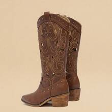 Vintage Hollow Out Denim Boots Women 2026 Spring Autumn New Fashion Versatile Knee-High Slimming High Heel Tall Boots - Brown - View 5