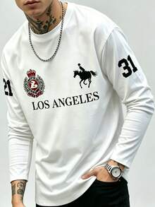 Men's Retro Western Equestrian LA Letter Graphic Long Sleeve T-Shirt - White - View 3