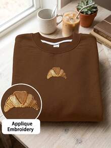 French Minimalist Girl Crew Neck Sweatshirt, Gold Croissant Applique Embroidery Soft Autumn/Winter Campus Top - Brown - View 1