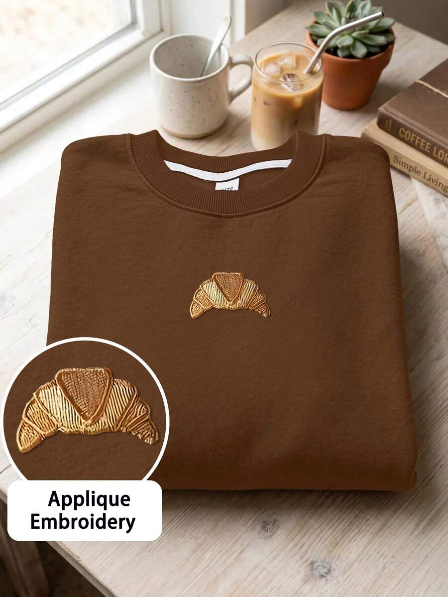 French Minimalist Girl Crew Neck Sweatshirt, Gold Croissant Applique Embroidery Soft Autumn/Winter Campus Top - Brown - View 1