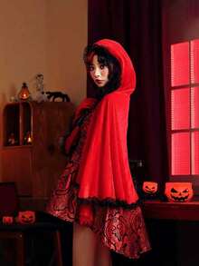 2pcs Halloween Women's Costume Shawls, Little Red Riding Hood Lace Patchwork Hooded Capes, Carnival Christmas Party, Festival Performance Props - Multicolor - View 7