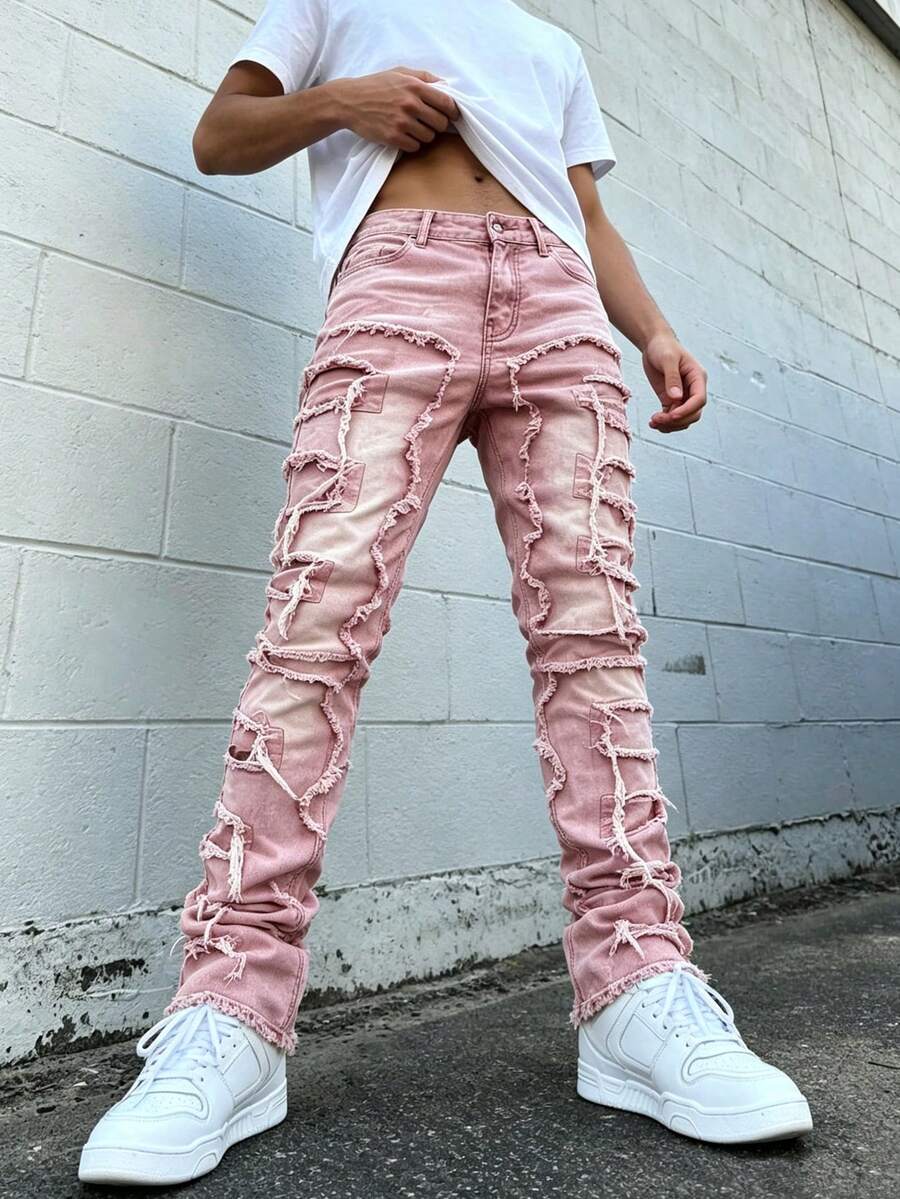 Teen Boys Pink Tassel Patchwork Flare Jeans, Vintage Washed Deconstructed Distressed Patchwork Long Pants - Pink - View 1