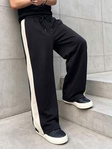 SU ER Men's Summer Casual Drawstring Elastic Waist Loose Drapey Lazy Wide Leg Long Pants - Black - View 5