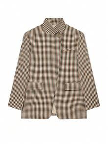 Blazer Asimetris Kotak-kotak Vintage Musim Semi/Panas Wanita, Jaket Jas Fashion Kasual - Coklat - View 5