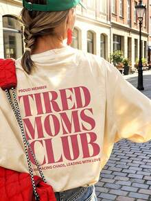 1件女款夏季寬鬆休閒短袖T恤上衣 INS風 Y2K 慵懶運動風 "TIRED MOMS CLUB" 圖案印花T恤，適合度假、辦公室、外出、日常休閒、約會、派對、聚會、街頭穿搭，女款度假服飾 - 杏色 - 查看 1