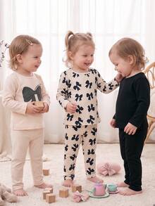 Baby Girls 6pcs Set Autumn/Winter Sweet Bow Print Baby Thermal Underwear Set - Apricot - View 1