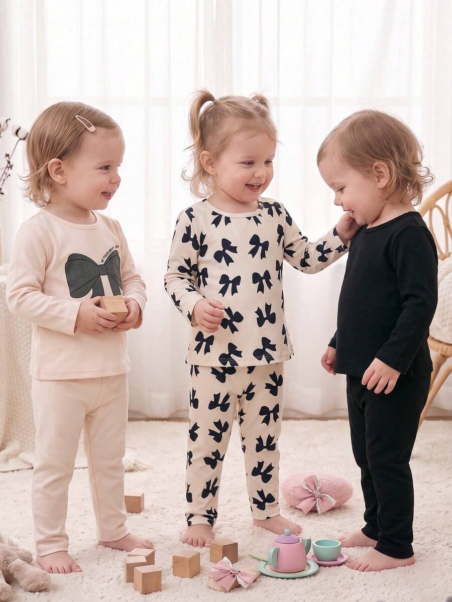 Baby Girls 6pcs Set Autumn/Winter Sweet Bow Print Baby Thermal Underwear Set - Apricot - View 1