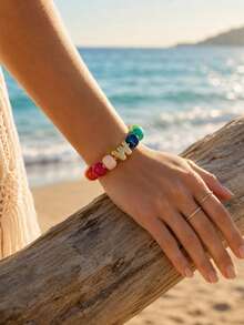1pc Women's Rainbow Letter Beaded Bracelet, Colorful Resin Large Bead Elastic Bangle, A-Z English Letter Personalized Design, Stackable Fashion Accessory, Suitable For Daily Wear And Gifting - Multicolor - View 2