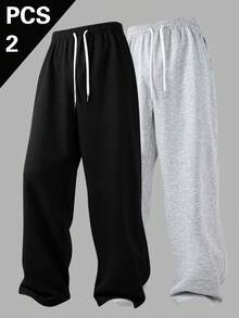 [2pcs]Women's Solid Color High-Waist Wide Leg Sweatpants Tops, High Elastic Waist With Contrast Drawstring, Home Leisure Fall Sports - Multicolor - View 2