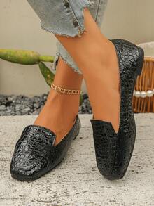 Plus Size 35-43 Spring/Autumn New Fashion Black Crocodile Embossed Square Toe Flat Ballet Pumps Daily Wear Low Vamp Black Strap Mary Jane Shoes Comfortable Women's Flat Shoes Elegant Women's Shoes All Season Shoes Ramadan Eid Al-Adha - Black Crocodile Pattern - View 2