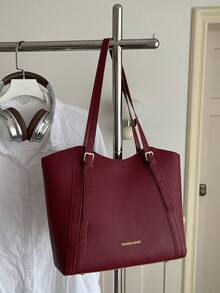 Fashionable New Solid Color Large Capacity Letter Tag Design Shoulder Bag, Minimalist Practical Commuter Style Women's Bag - Red - View 9