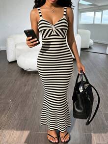 1 pieza Vestido de tirantes de rayas elegante para mujer, para uso casual en la playa, citas nocturnas, vacaciones y uso diario - Blanco y Negro - Ver 2