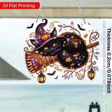 Halloween Diamant Malerei Fensterszene Bild, Schwarze Katze Diamant Malerei Anhänger mit Kette, Diamant Malerei Kristall Fensterszene Bild Wandbehang Set für Eingang Fenster Dekoration - Übersicht 3