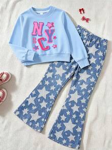Girl's Cartoon Letter Print Crew Neck Sweatshirt & Slim Fit Star Print Flare Jeans, 2pcs Set For Autumn/Winter - Baby Blue - View 2