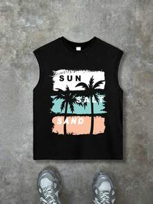Boys' Summer Vacation Tank Top, Oversized "Sun Salt Sand" Palm Tree Graphic Sleeveless Shirt, Soft & Comfortable Fabric Cool Top For Summer Beach - Black - View 2