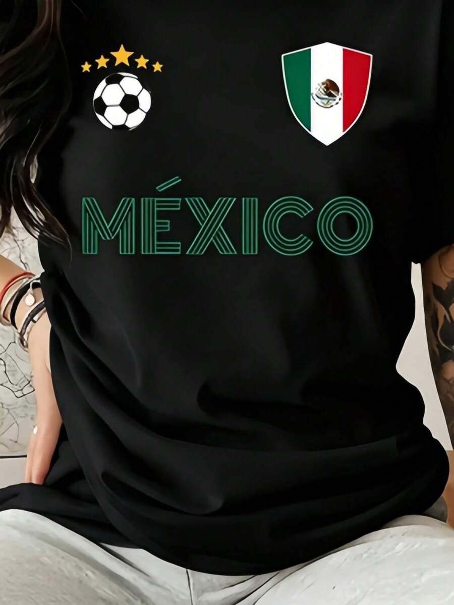 Plus Size Women's Casual Crew Neck T-Shirt, Casual T-Shirt With Mexican Flag And Soccer Graphic - Breathable And Stretchy Fabric, Crew Neck, Machine Washable, Comfortable For All Seasons, For Sports And Casual Wear, Leisure Sportswear, Non-See-Through Material, Suitable As A Daily Gift Or For Valentine's Day, Easter And For Soccer Fans. - 黑色 - 查看 1