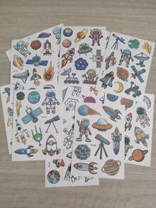 12pcs Cartoon Space Rocket Temporary Waterproof Tattoo Stickers, Astronaut Realistic Tattoo Decals, Fun Party Gifts - Multicolor - View 7