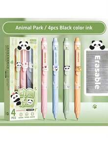 4pcs Sweet Pink Erasable Pen Set, Cartoon Animal Space Adventure Retractable Extendable Clip 0.5mm Ballpoint Pen Black Ink, For W, First Day Of School - Multicolor - View 7