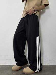 SU ER Men's Summer Casual Elastic Waist Drawstring Loose Drapey Lazy Wide Leg Long Pants - Black - View 4