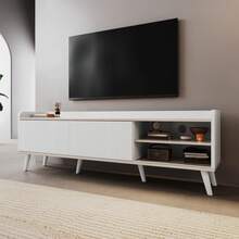 TV Stand With Two Drawers, TV Table, Low TV Board With Two Sliding Doors. Black And Natural Wood - 白色 - 查看 3