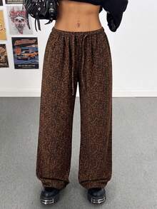 Women's Summer Lightweight Breathable Leopard Print Casual Pants, Elastic Waist Drawstring Loose Drape Lazy Bohemian Style Wide Leg Long Pants - Coffee Brown - View 4