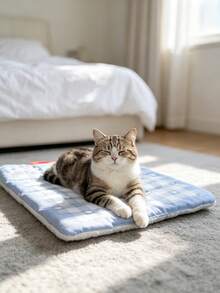 1pc Blue Plaid Heart Pattern Pet Bed Mat, Double-Sided Use, Portable Cat Bed Mat, Suitable For Indoor Use, Machine Washable - Multicolor - View 6