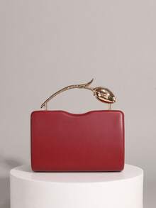 Women's Evening Clutch, Rectangular Hard Shell Handbag, 3D Gold Tulip Top Handle, Minimalist Romantic Bridal Style, Suitable For Weddings, Anniversaries, Dinner Parties - Burgundy - View 4