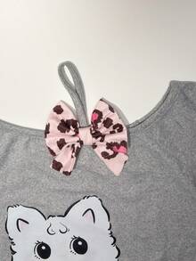Girls Two Pieces Off Shoulder Bow Long Sleeved Pajamas, Cat Print Top, Heart-Shaped Leopard Print Pants, Spring And Autumn Casual Pajamas - Light Grey - View 9