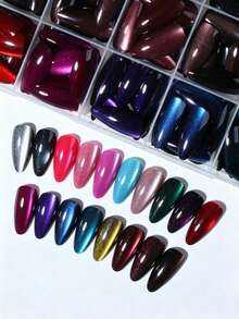 576 Pcs (24 Mixed Colors) Y2K Long Almond Glossy Nail Tips, Including Green, Purple, Red, Blue, Rose Red Cat Eye Crystal Cat Eye Acrylic Tips, Perfect For Long Almond Nail Designs Nails - Multicolor - View 3