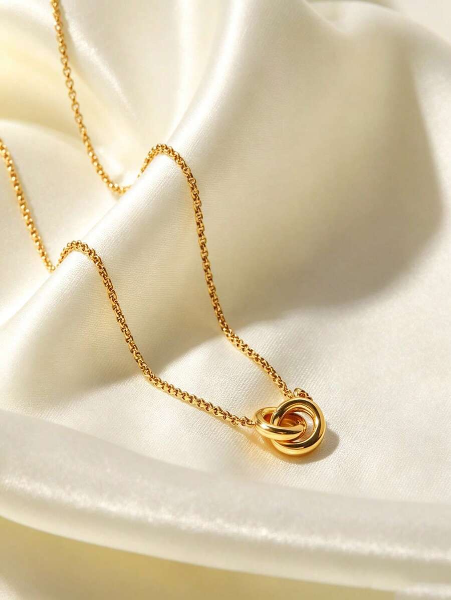 1Pc Minimalist Intertwined Double Ring Necklace, Gold Thin Chain Linked Circle Clavicle Chain For Ladies Daily Accessories - Gold - View 1
