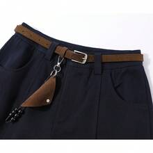 韓式復古藍色高腰寬腿牛仔褲 素色腰帶短褲 大學辦公日常穿搭 秋冬款 - 藏蓝色 - 查看 2