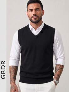 Men's Solid Color V-Neck Casual Versatile Knit Vest, Autumn/Winter - Black - View 2