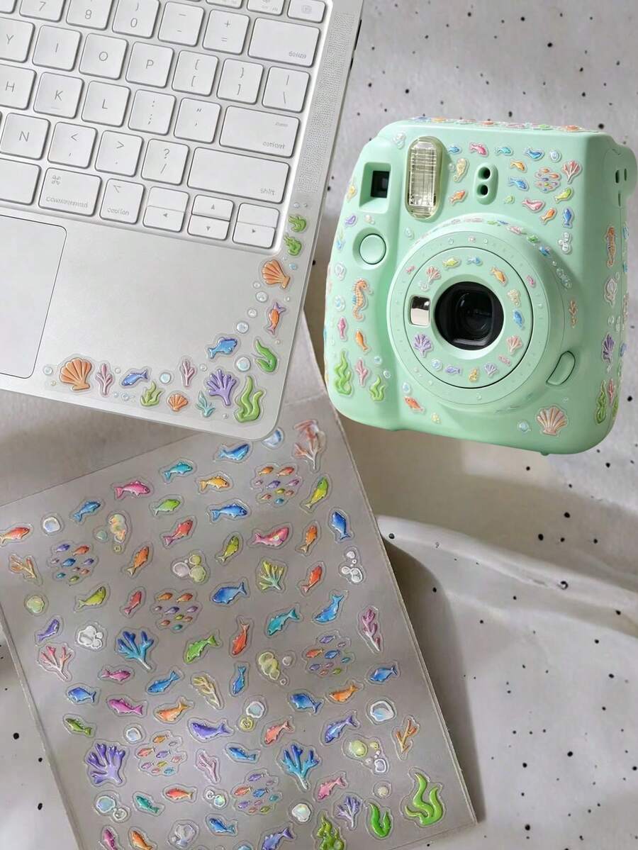 1pc Macaron Ocean Fish Seahorse Shell Seaweed Bubble Sticker, Fresh Mint Blue Ocean Summer Waterproof Self-Adhesive No Residue, Universal For Camera Laptop Beach Decoration Sticker, Refreshing Vacation Underwater Atmosphere Beautification Sticker - Underwater World - View 1