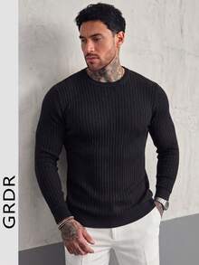 GRDR Men's Black Vertical Ribbed Crew Neck Sweater Slim Fit Textured Knit Pullover Casual Base Layer Top Autumn/Winter - Black - View 9