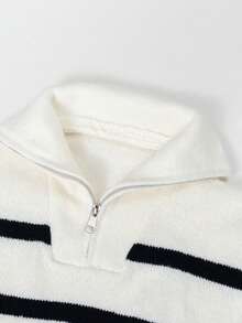 1pc Boys' Korean Style Versatile Striped Colorblock Polo Collar Sweater, Spring/Autumn/Winter - Black and White - View 8