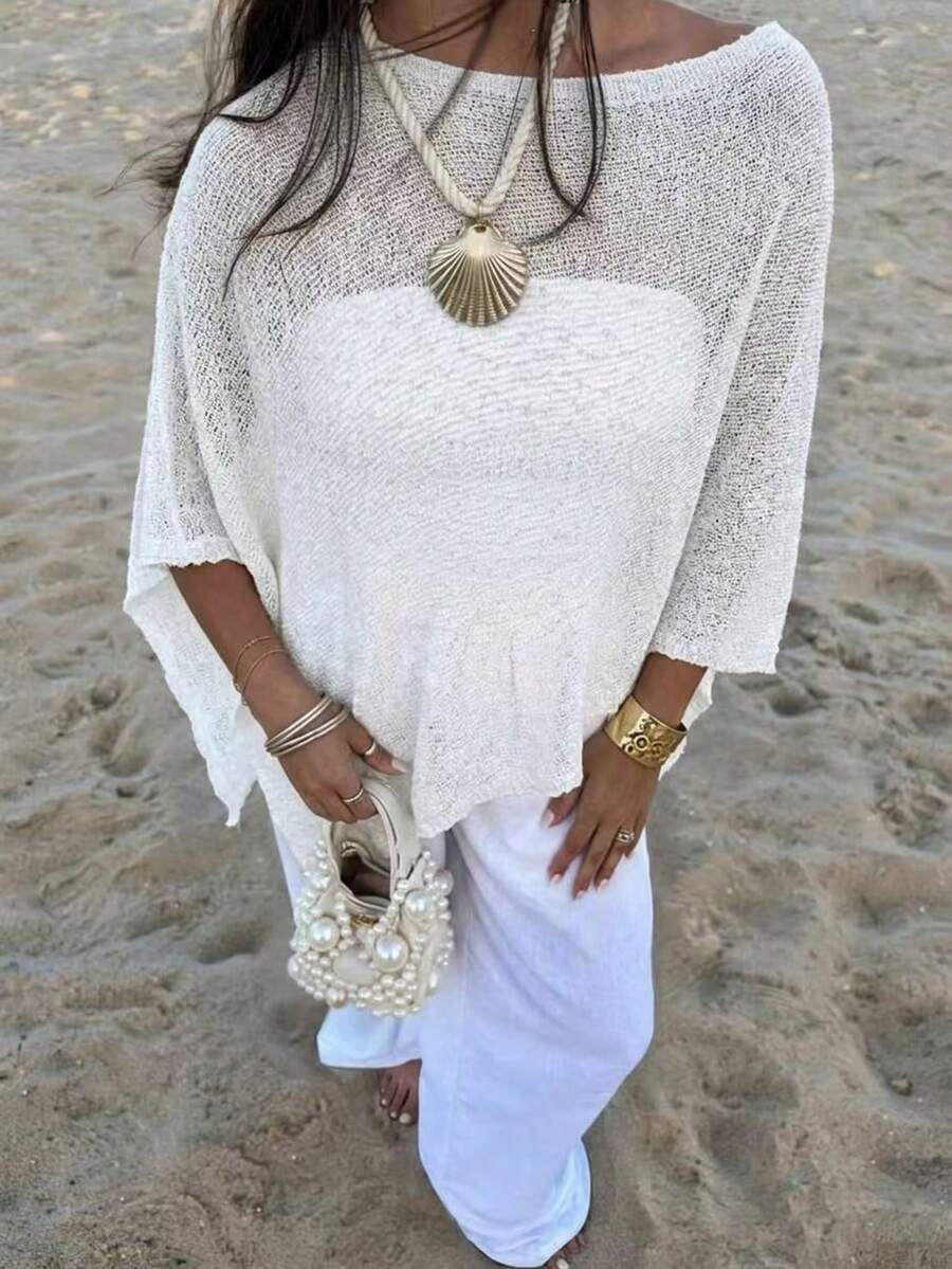 Drape-Neck Sheer Knit Poncho Beach Cover-Up Shawl - White - View 1