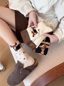 4Pairs All Season Women's Japanese Cute Cartoon Dachshund Dog Ins Coffee Color Vertical Stripe Mid-Calf Socks - Multicolor - View 2