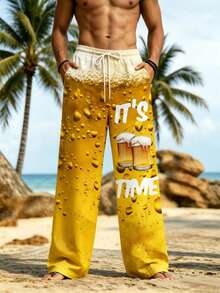 Men's Beer Foam Print Wide Leg Beach Pants It's Time Beer Mug Graphic Drawstring Loose Vacation Trousers - Multicolor - View 1