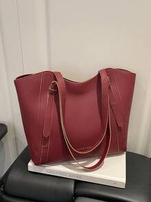 Fashionable New Solid Color Large Capacity Letter Tag Design Shoulder Bag, Minimalist Practical Commuter Style Women's Bag - Red - View 6