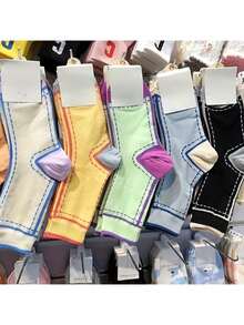5 Pairs Women's Colorful Striped Mid-Calf Socks, Korean Style Fashion Sports Socks, Solid Color - Multicolor - View 1