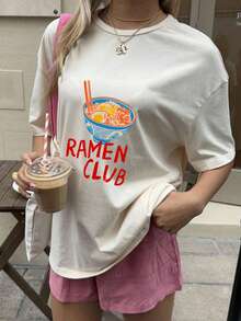 大尺碼女款夏季圖案印花休閒極簡寬鬆舒適時尚圓領短袖T恤上衣 - 杏色 - 查看 3