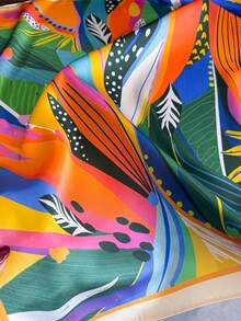 1pc 65*65cm Retro Bright Abstract Jungle Leaf Square Satin Silk Scarf With Yellow Trim, Thin Multi-Purpose Scarf For All Seasons, Daily Outing & Party - Multicolor - View 3