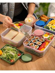 Schiscetta, Bento Box 1600ml Grande Capacità Doppia Strato in Plastica, Scatola per Toast, Schiscetta con Scomparti, Scatola per Sandwich Grande Capacità, Scatola per Conservazione Fresca, Microonde, Multifunzionale, Forniture da Cucina, Forniture per Studenti - Multicolore - Visualizzare 3