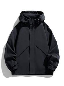 Jaket Berkerudung Kasual Olahraga Luar Ruangan Musim Semi/Gugur Ukuran Besar untuk Wanita - Hitam - View 3